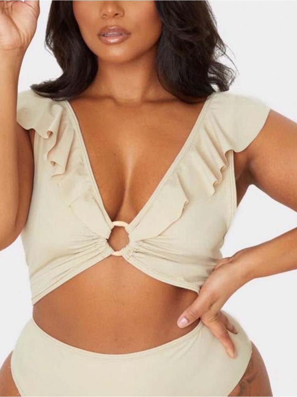 PrettyLittleThing Cream Ruffle Ring-Front Bikini Top